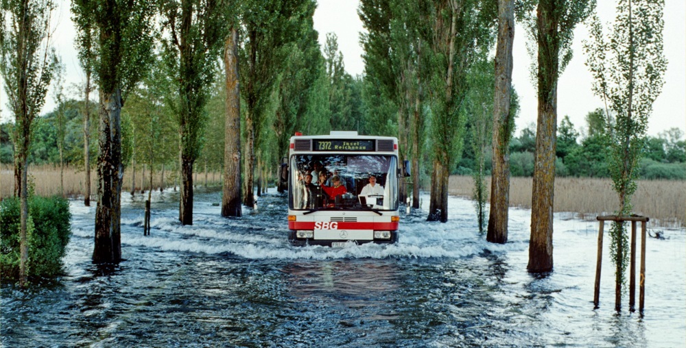 Flooded road on the island of Reichenau in Lake Constance, Germany, during the flooding of June 1999.