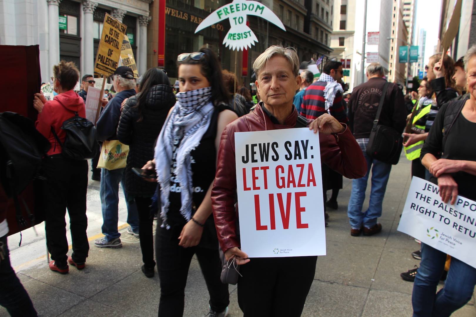 Scholar, author and member of JVP's academic council, Judith Butler, protests the killing of Palestinians in Gaza. Photo credit: jewishvoiceforpeace.org