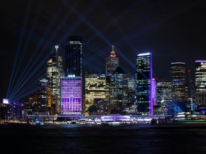 Sydney buildings at night, lit up