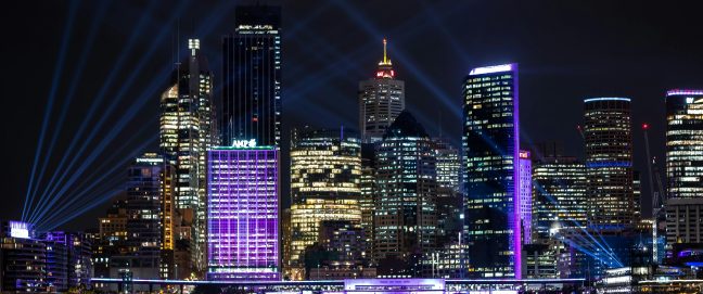 Sydney buildings at night, lit up